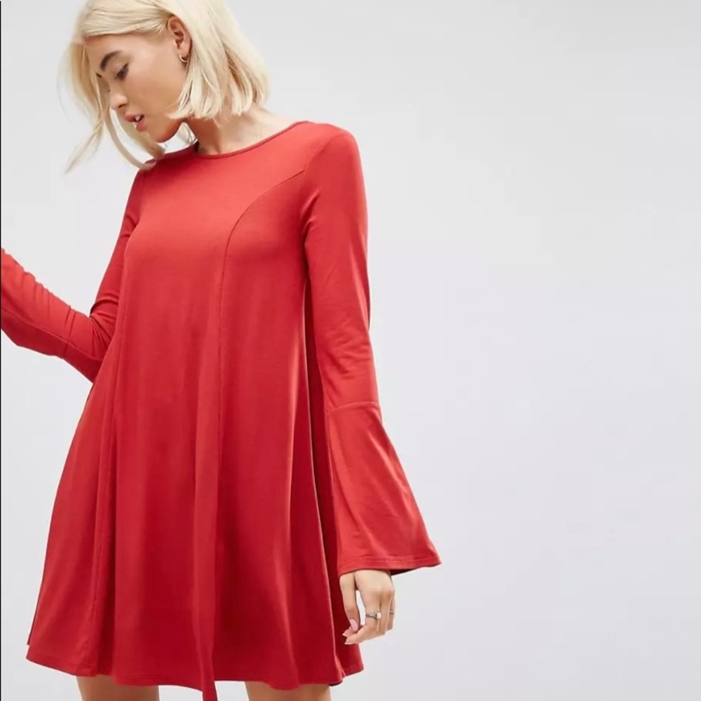 ASOS Mini Swing Dress with Seam Detail and Trumpet Sleeve (size 6)